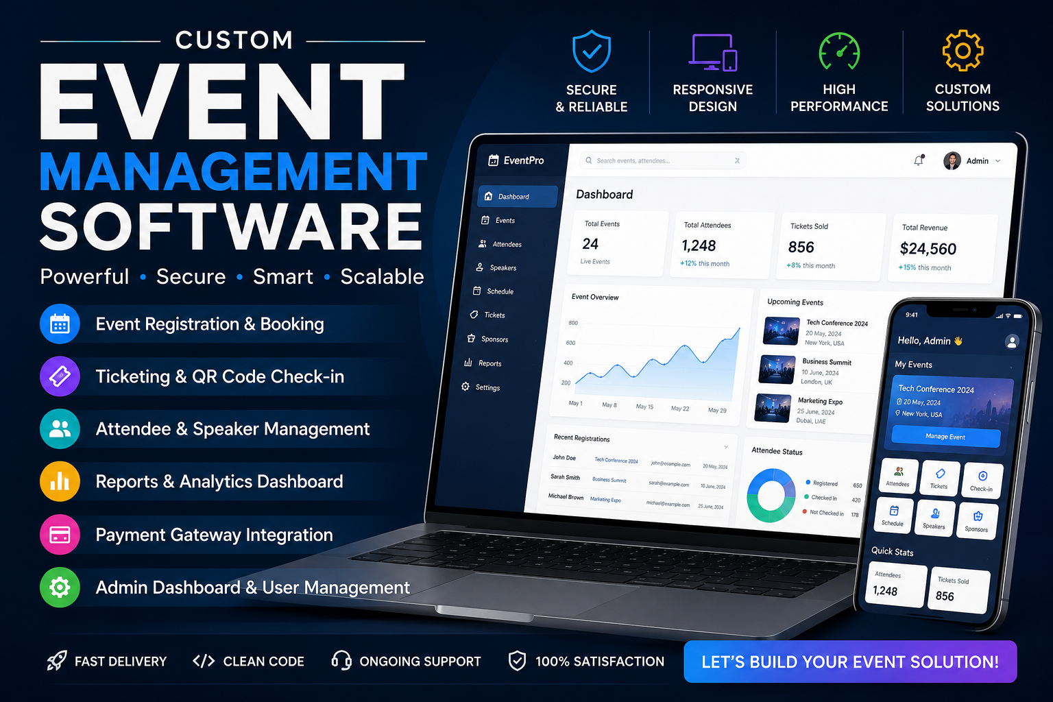 I will develop a custom event management software, event booking and registration system