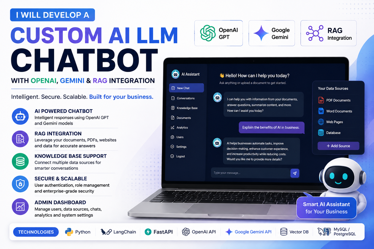 I will develop a custom AI LLM chatbot with OpenAI, Gemini, and RAG integration